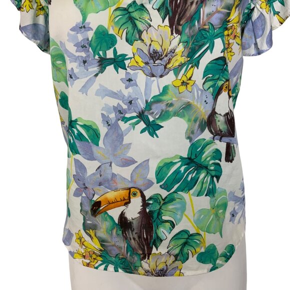 Lavender Brown Blouse Top XS Multicolor Toucan Design Ruffle Cap Sleeve V-Neck - Picture 9 of 12